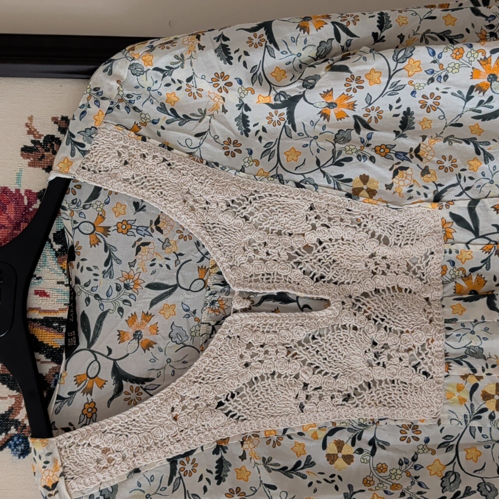 Zara Floral Crochet Yoke Blouse - Green & Yellow - Picture 2 of 13